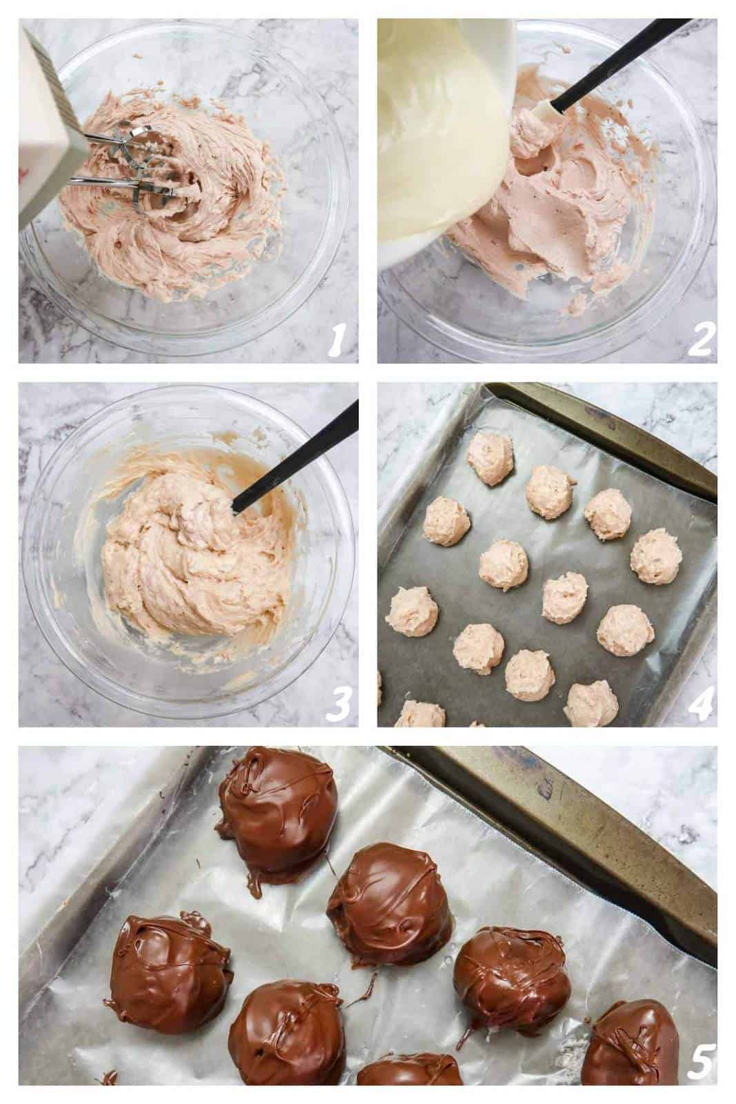 Five panel collage of process shots- combining ingredients, forming truffles, and covering with chocolate.