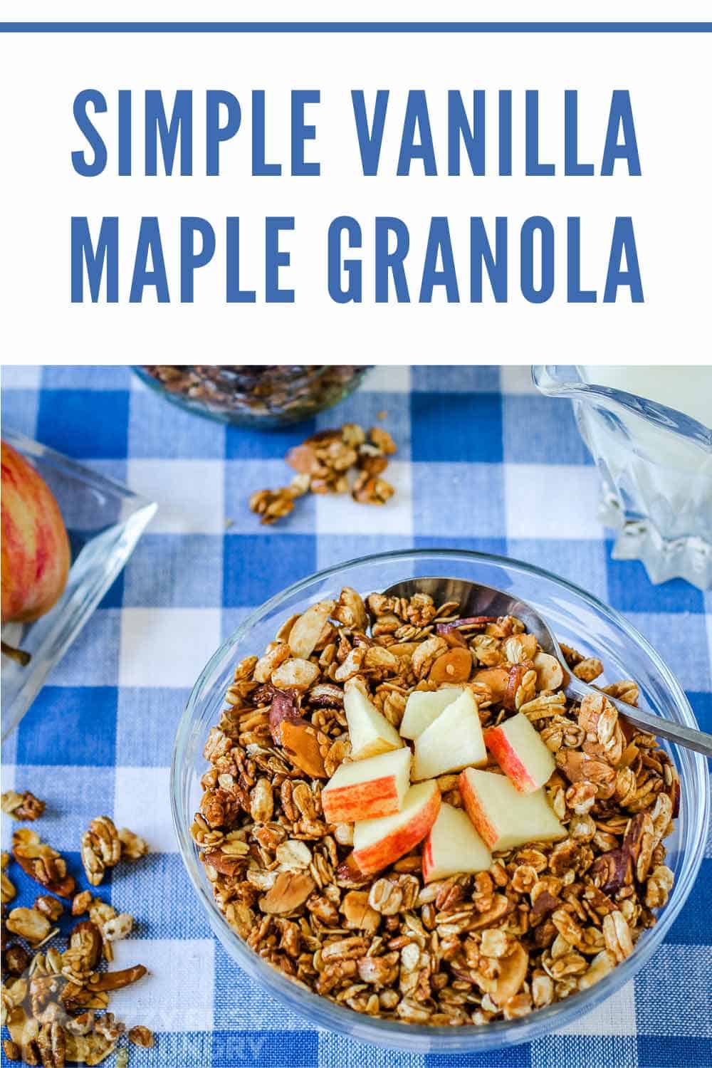 Overhead view of a bowl of granola with chopped apples on a blue checked tablecloth.