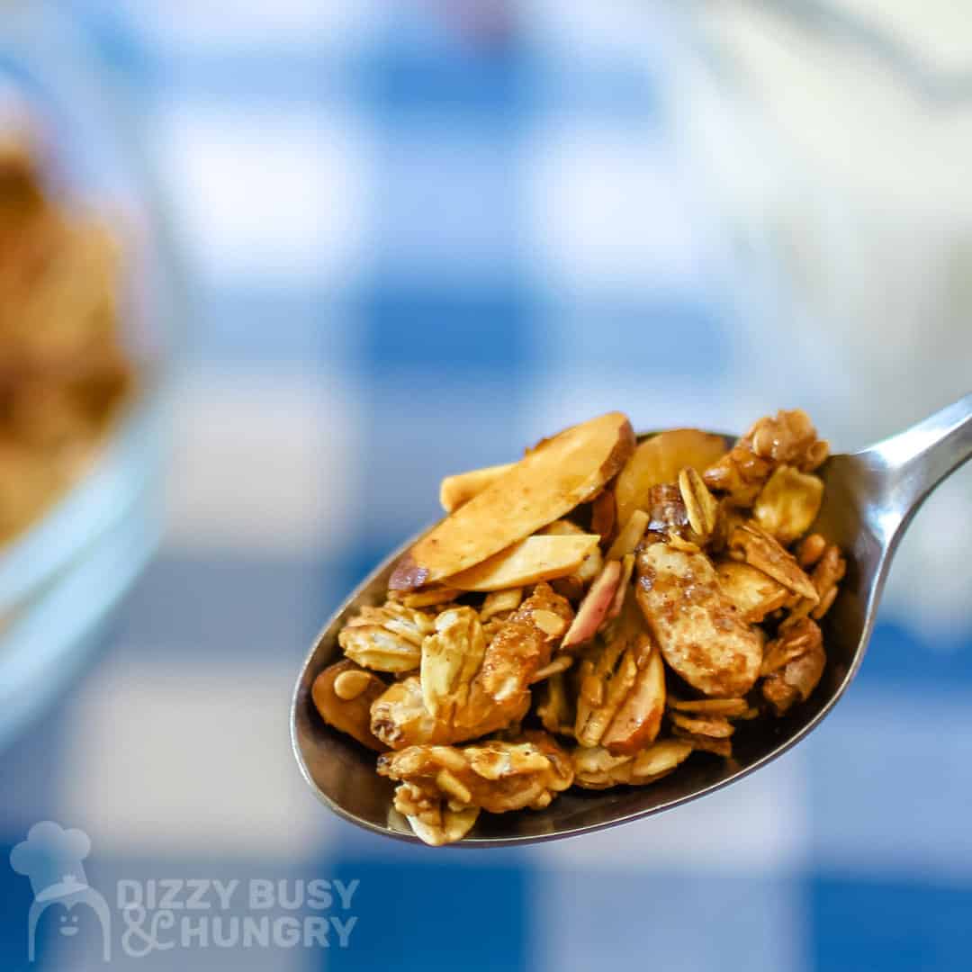 Close up view of a spoon to see the detail of the crunchy, baked homemade granola.