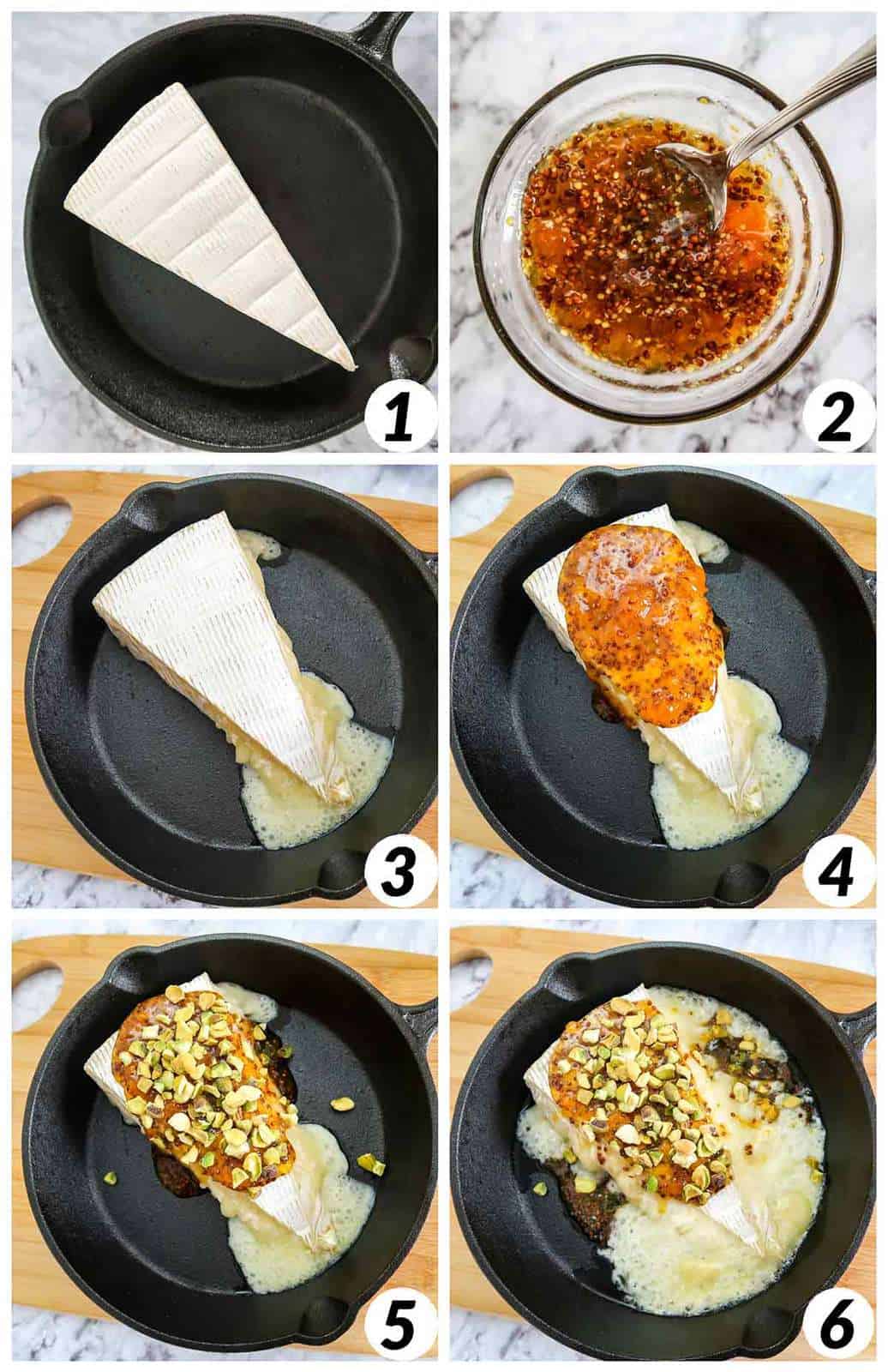 Six panel collage of process shots- combining ingredients and melting them together in a pan.