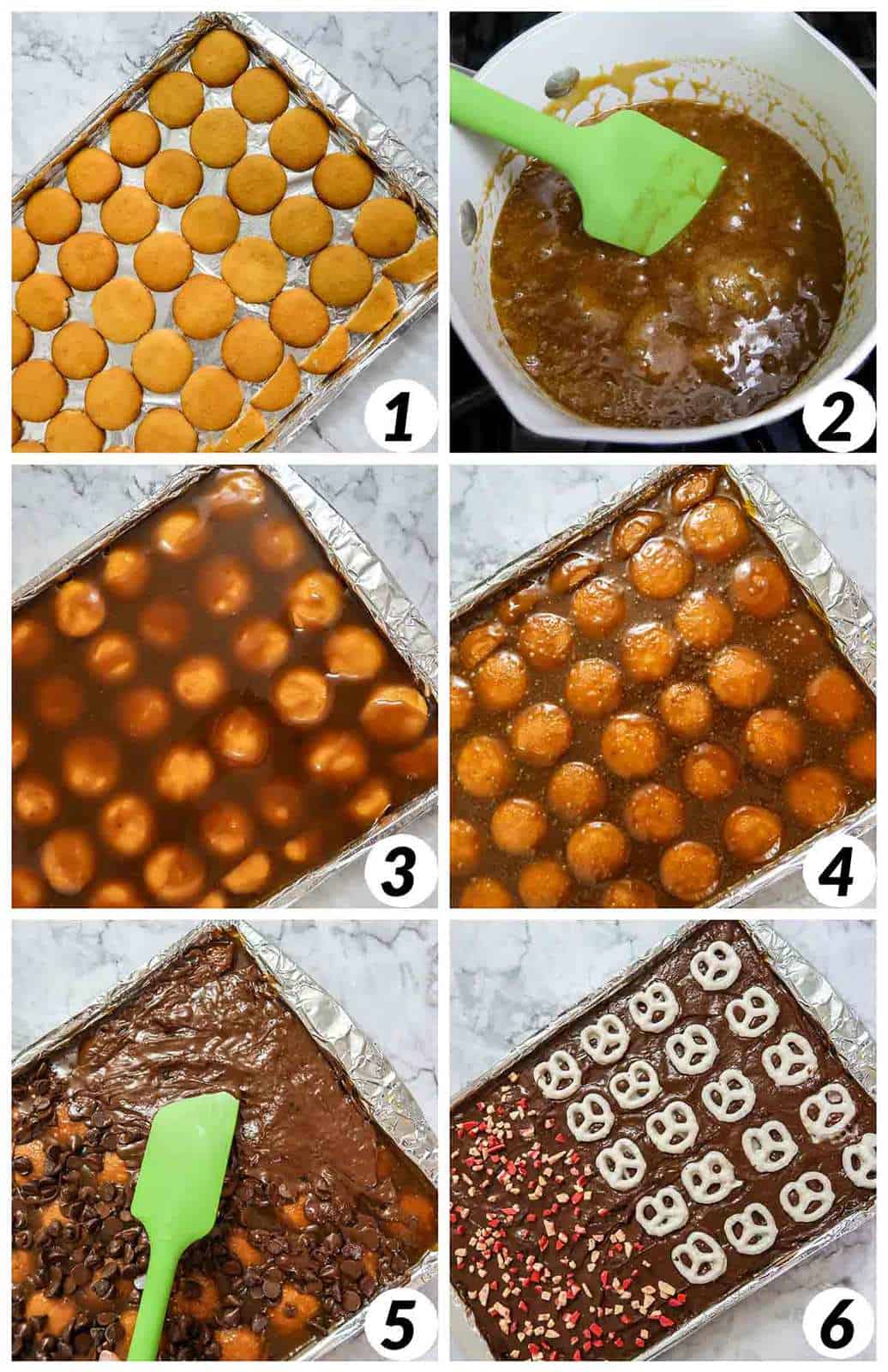 Six panel collage of process shots- combining and layering ingredients on a baking sheet and letting sit.