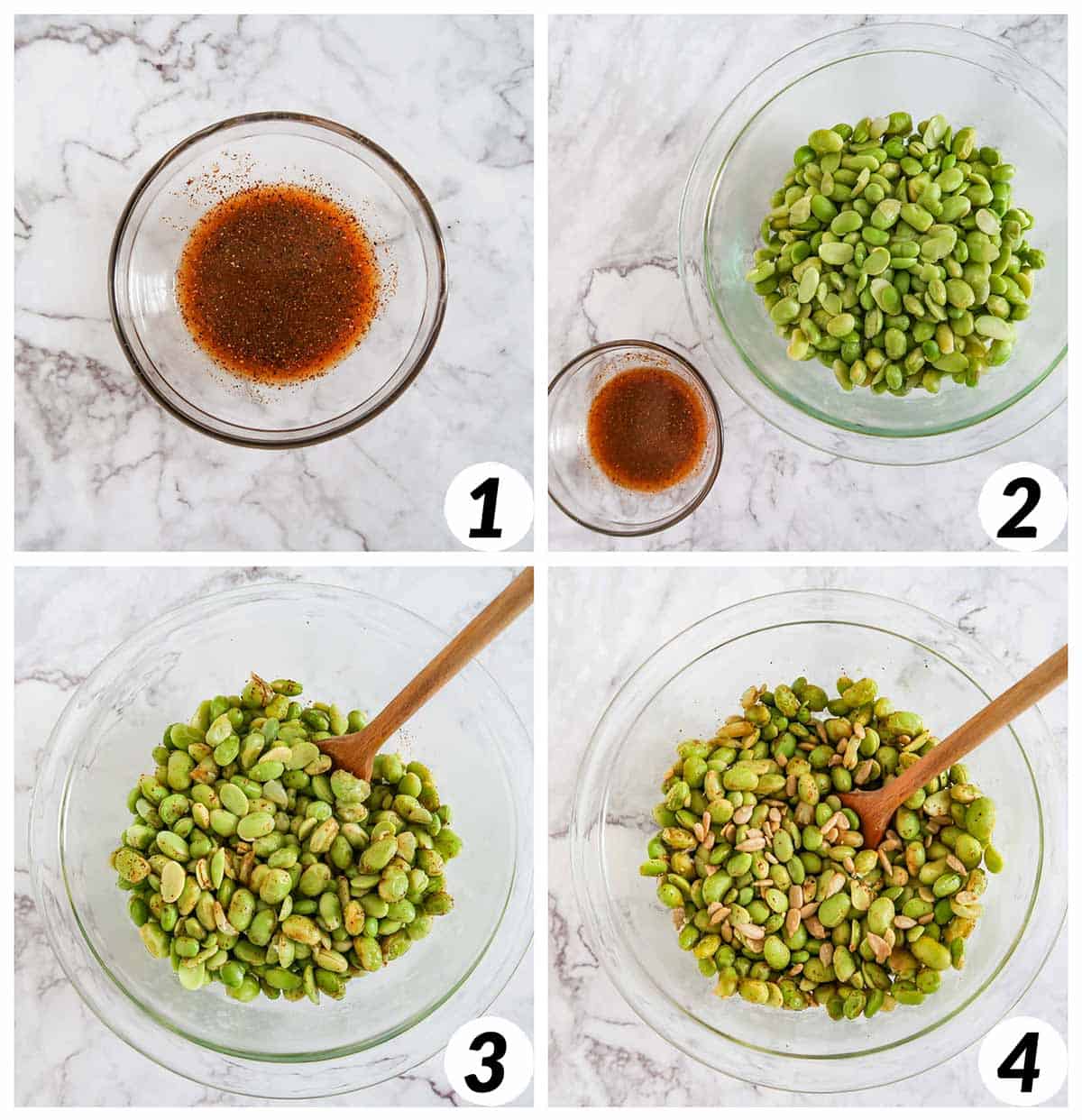 Four panel collage of process shots- mixing together ingredients for the sauce and combining with edamame and sunflower seeds.