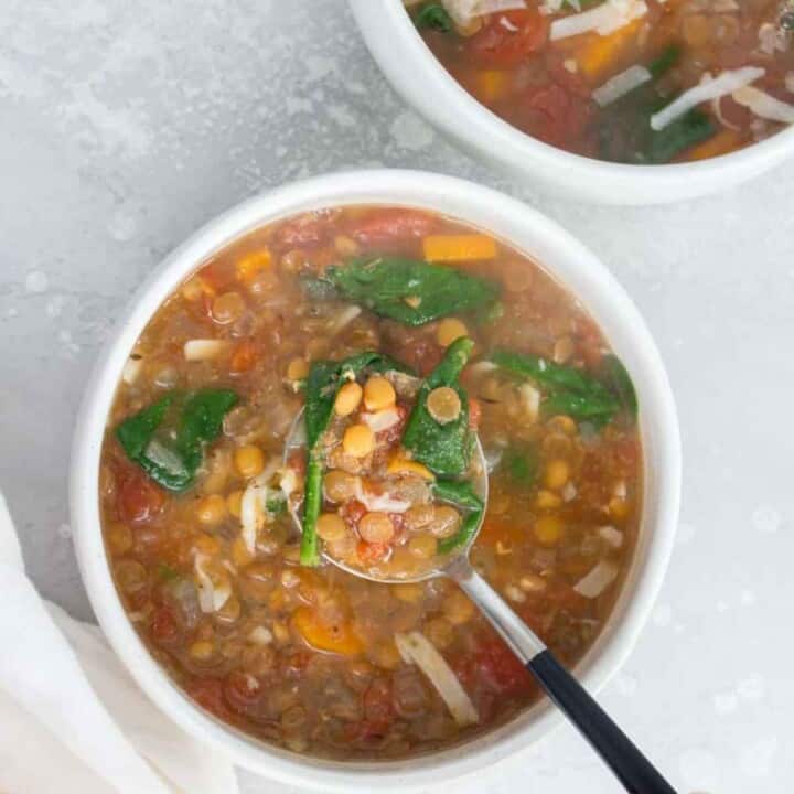 A bowl of Instant Pot lentil soup.