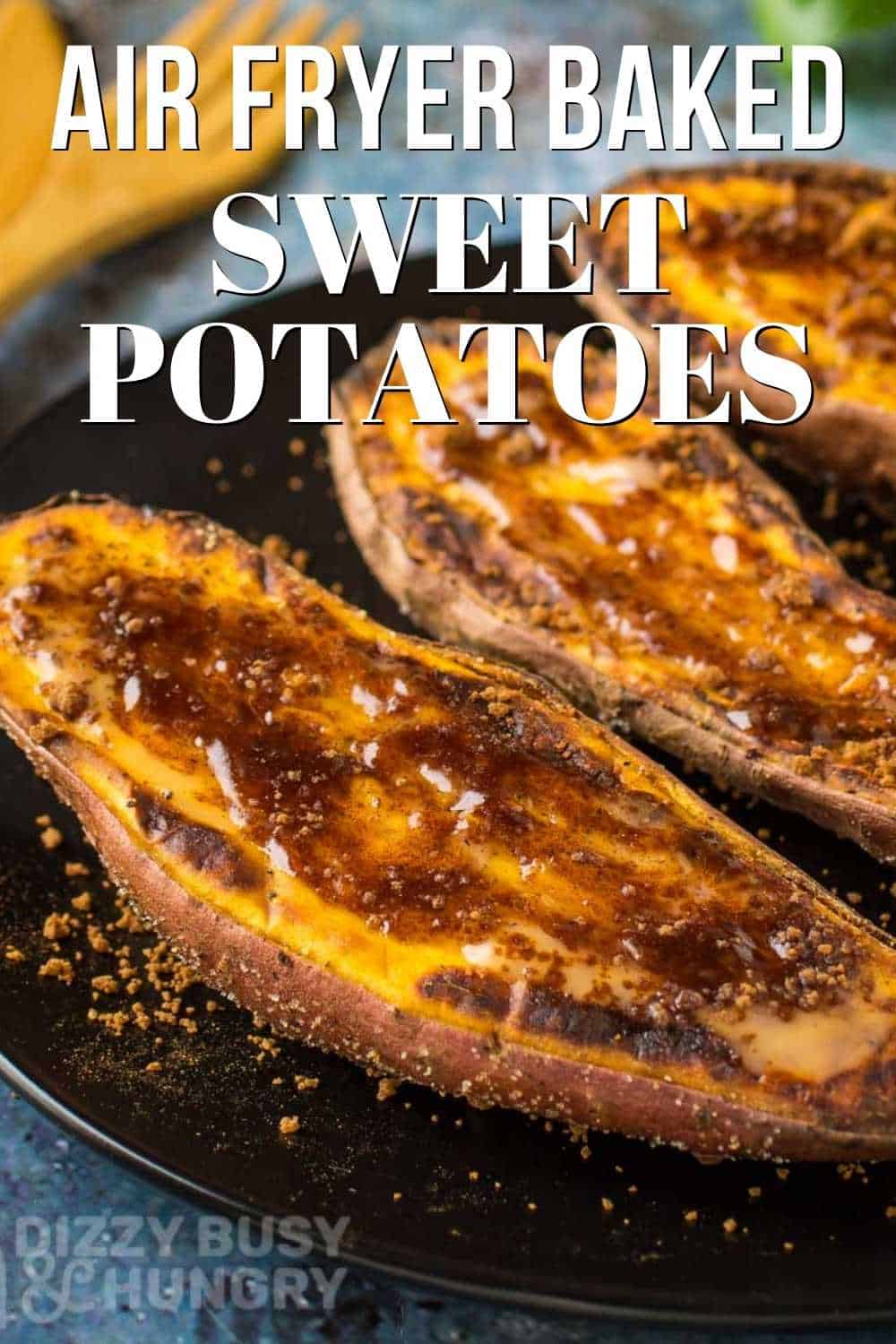 Super close up view of an air fryer baked sweet potato coated with salt and pepper and air fried until the bottom is caramelized.