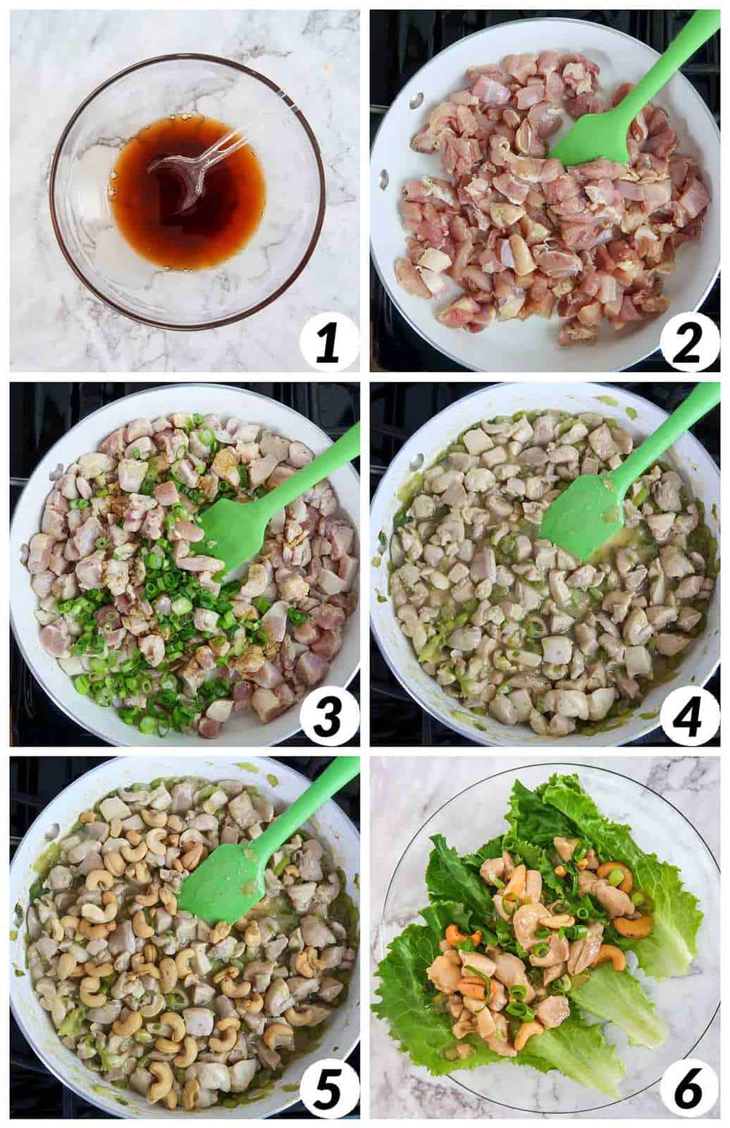 Six panel grid of process shots- mixing together ingredients, cooking in a skillet, and forming lettuce wraps.