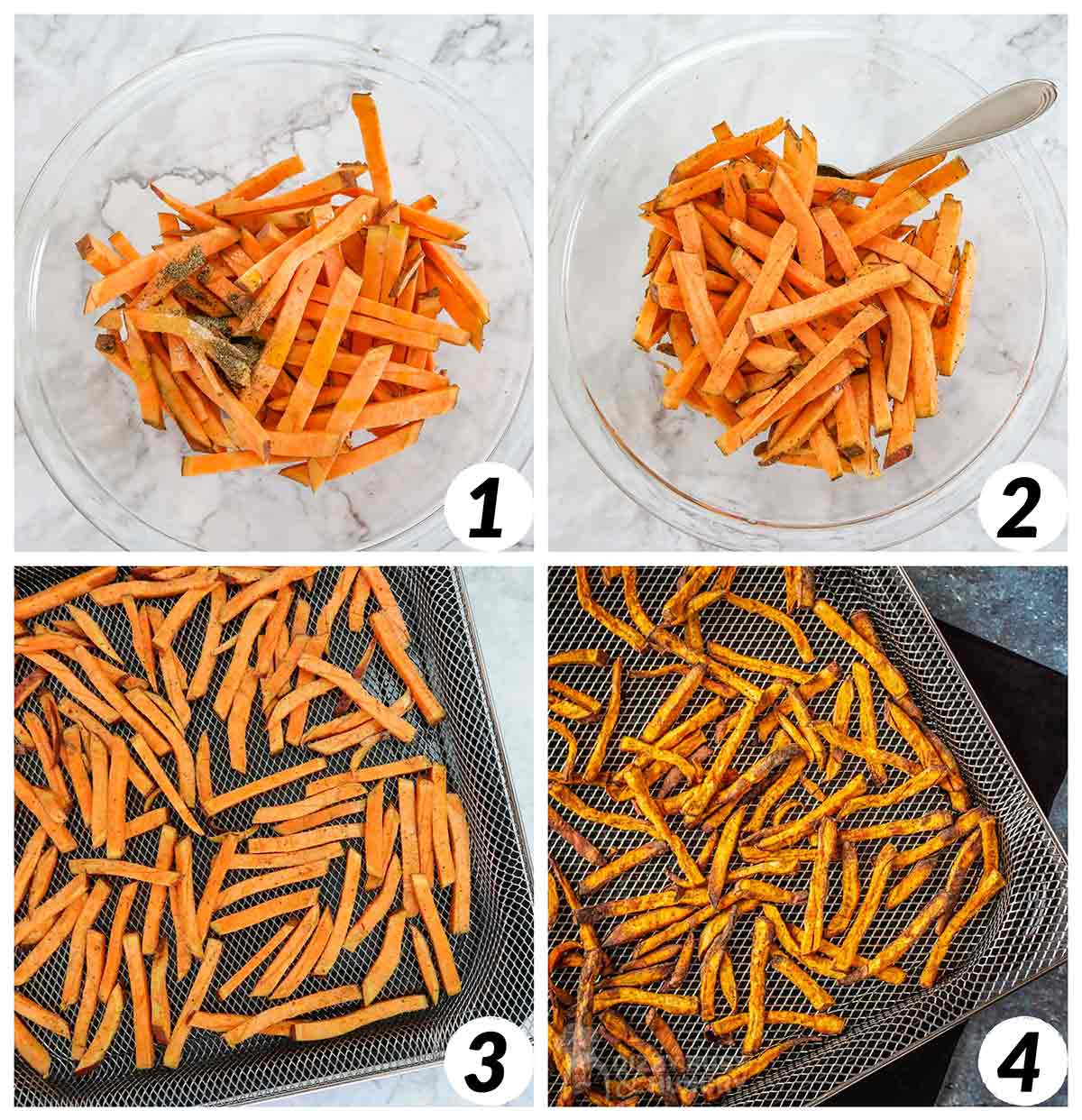Collage of 4 photos showing the process steps for how to make sweet potato fries in the air fryer or oven.