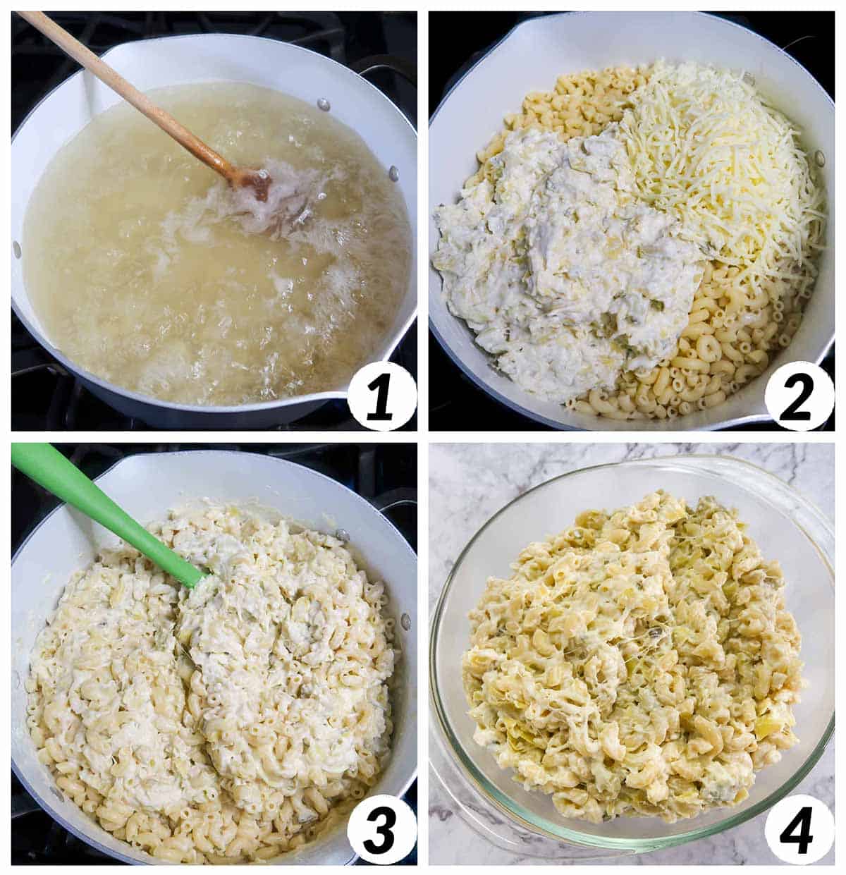 Four panel collage of process shots- boiling macaroni, combining ingredients, and baking.
