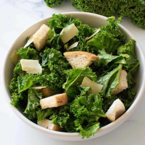 Easy Vegetarian Kale Caesar salad in a bowl.