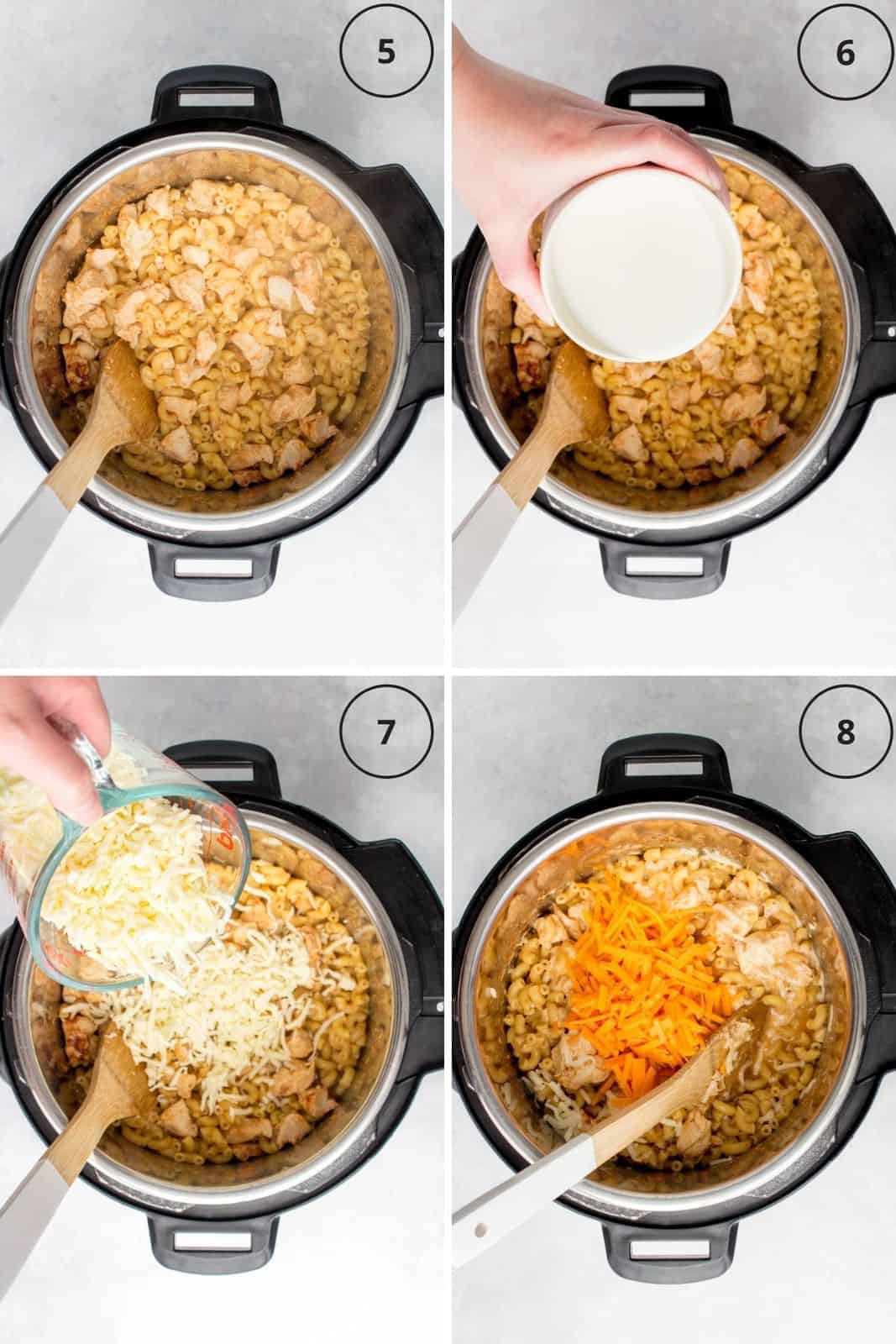 Set of four photos showing pasta being mixed and then milk and cheese added.