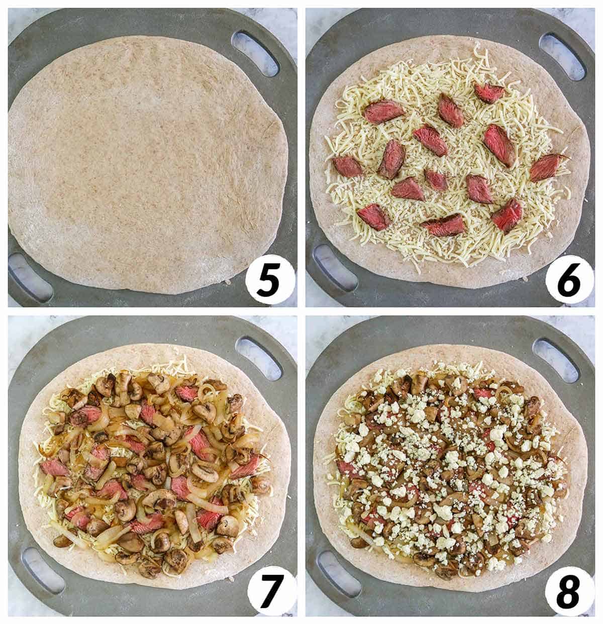 Four panel collage of process steps 5-6. Layering ingredients on top of pizza dough and baking.