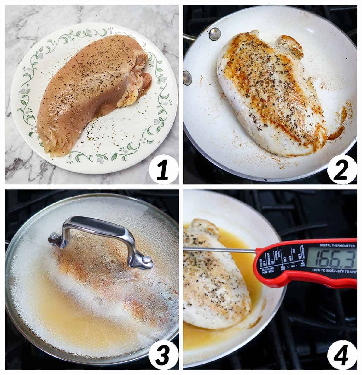 Four panel collage of process shots for cooking chicken breast- seasoning and cooking over the stove.
