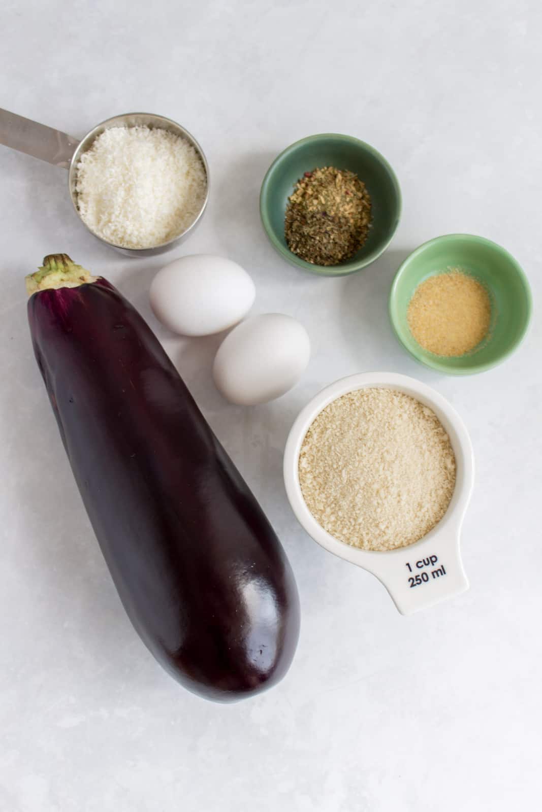 Ingredients needed to make air fryer eggplant fries.