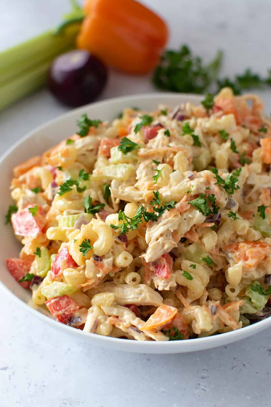 A bowl of chicken macaroni salad.