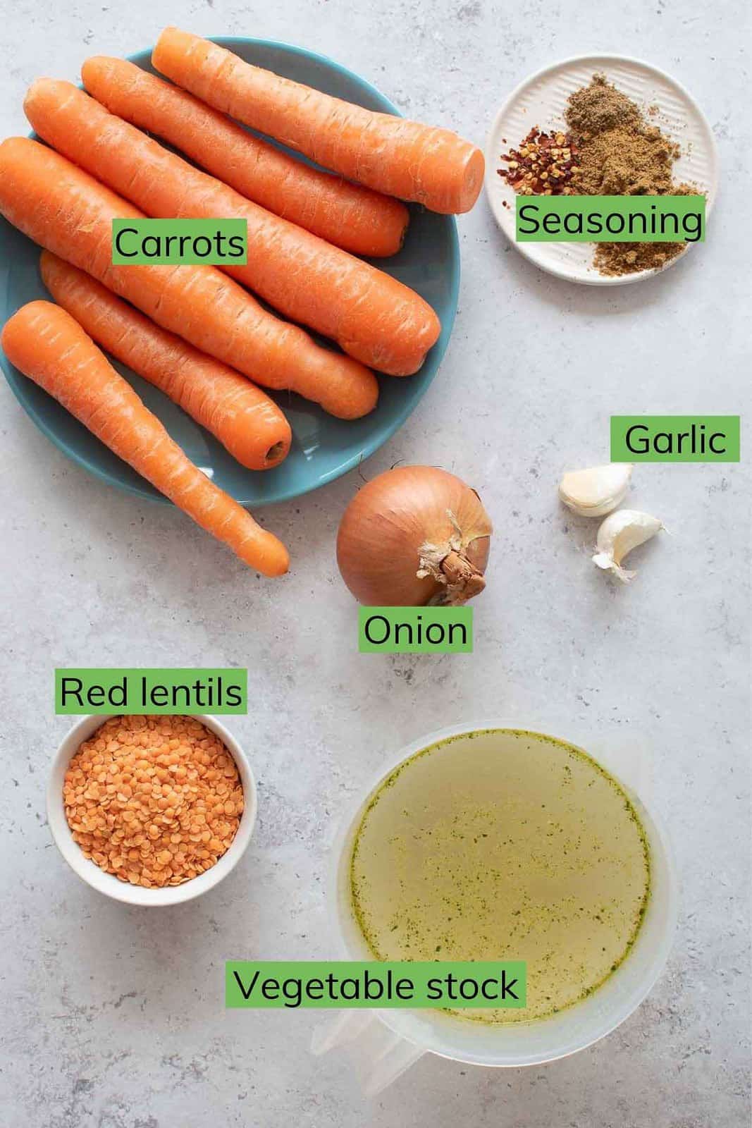 Ingredients to make carrot lentil soup.