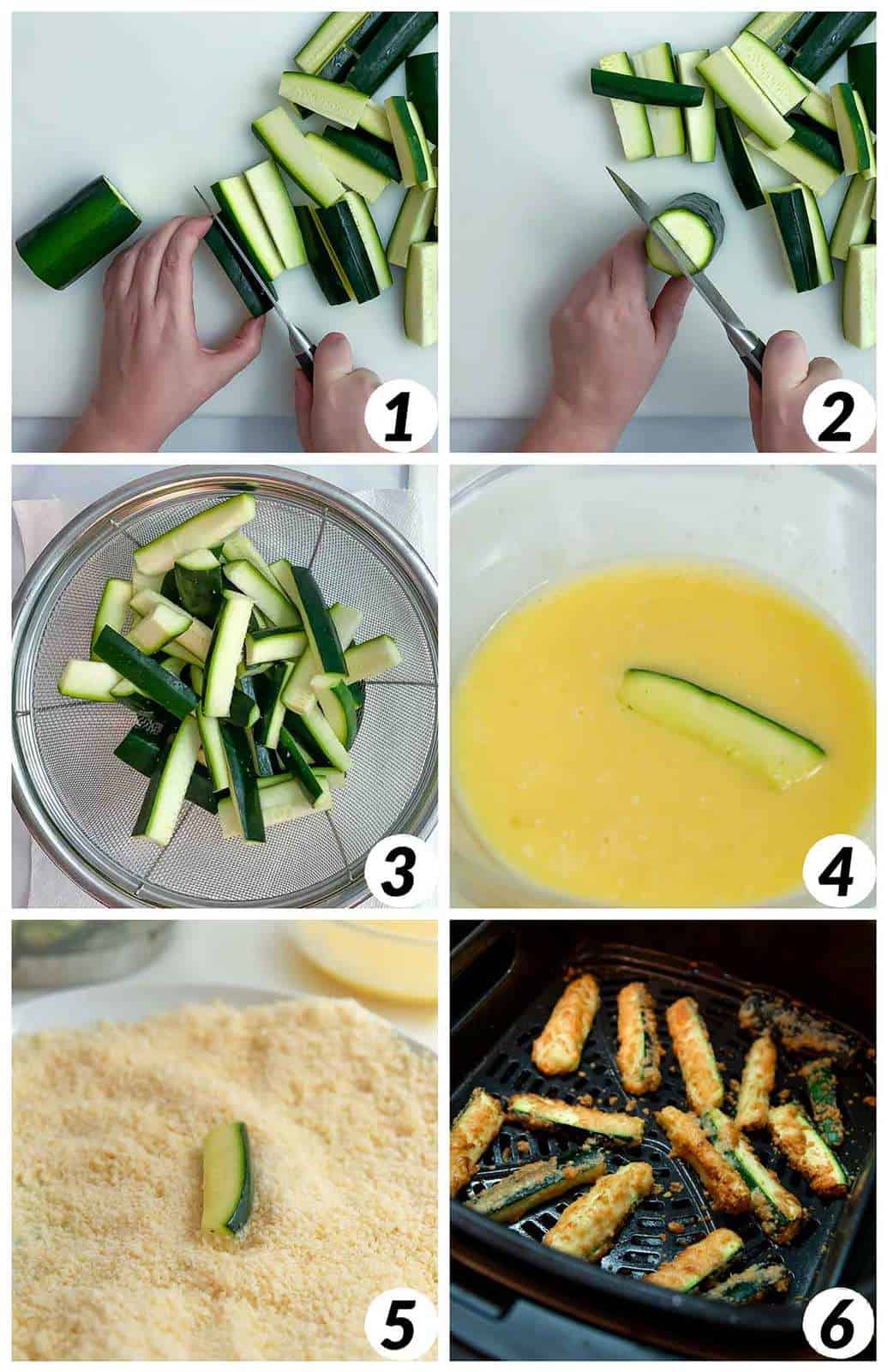 Six panel collage of process shots- cutting the zucchini into strips, coating them with egg and then cheese, and frying in the air fryer.