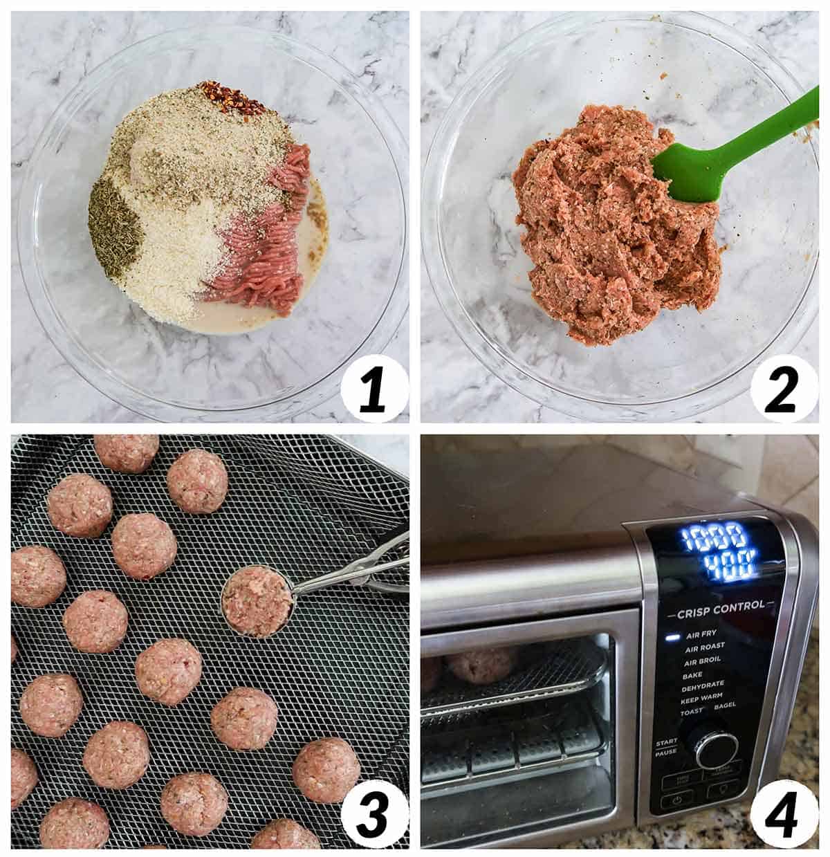 Four panel collage of process shots- combining ingredients, forming meatballs, and baking in air fryer.
