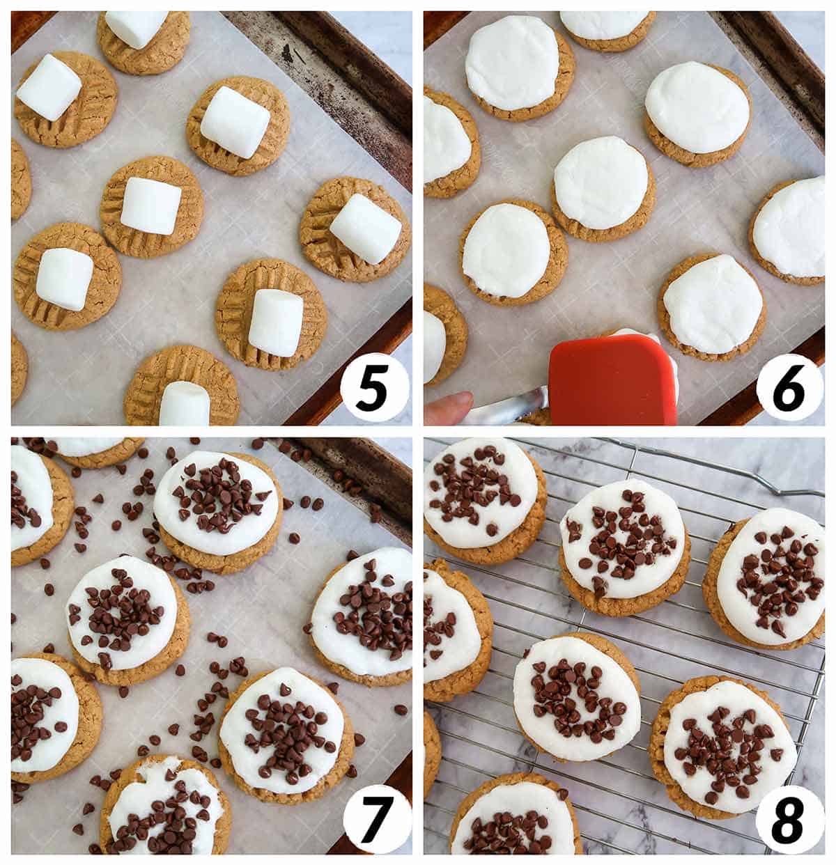 Four panel collage of process steps 5-8: melting marshmallows, adding chocolate chips, and letting the cookies cool.