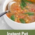 Instant pot lentil soup in a white bowl with a spoon.