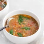 A bowl of Instant Pot lentil soup.