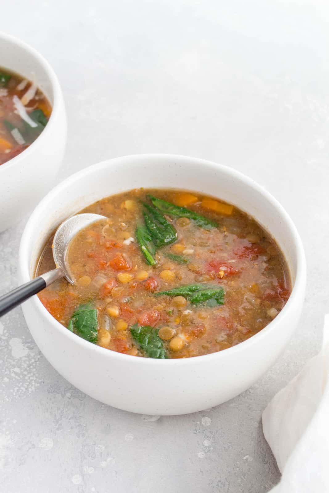 A bowl of Instant Pot lentil soup.