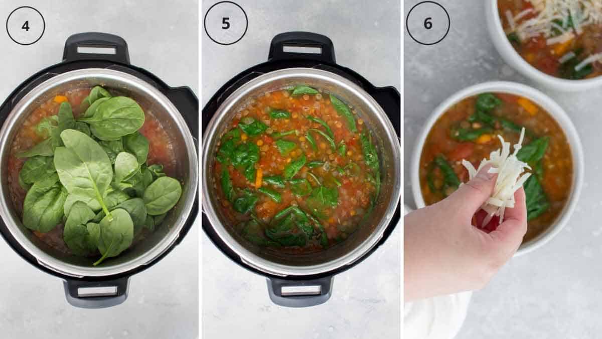 Set of three photos showing ingredients added to cooked lentil soup.