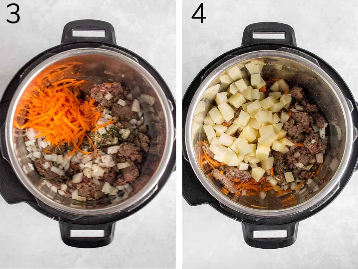 Set of two photos showing carrots and potatoes added to the instant pot.