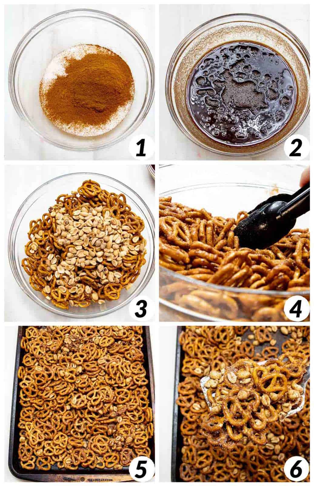 Six panel collage of process shots- combining ingredients for cinnamon sugar glaze and coating the pretzels and peanuts.