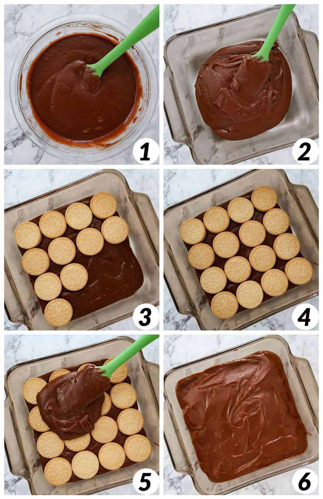 Six panel collage of process shots- mixing together brownie batter and pumpkin, layering batter and Oreos in baking dish, and baking.