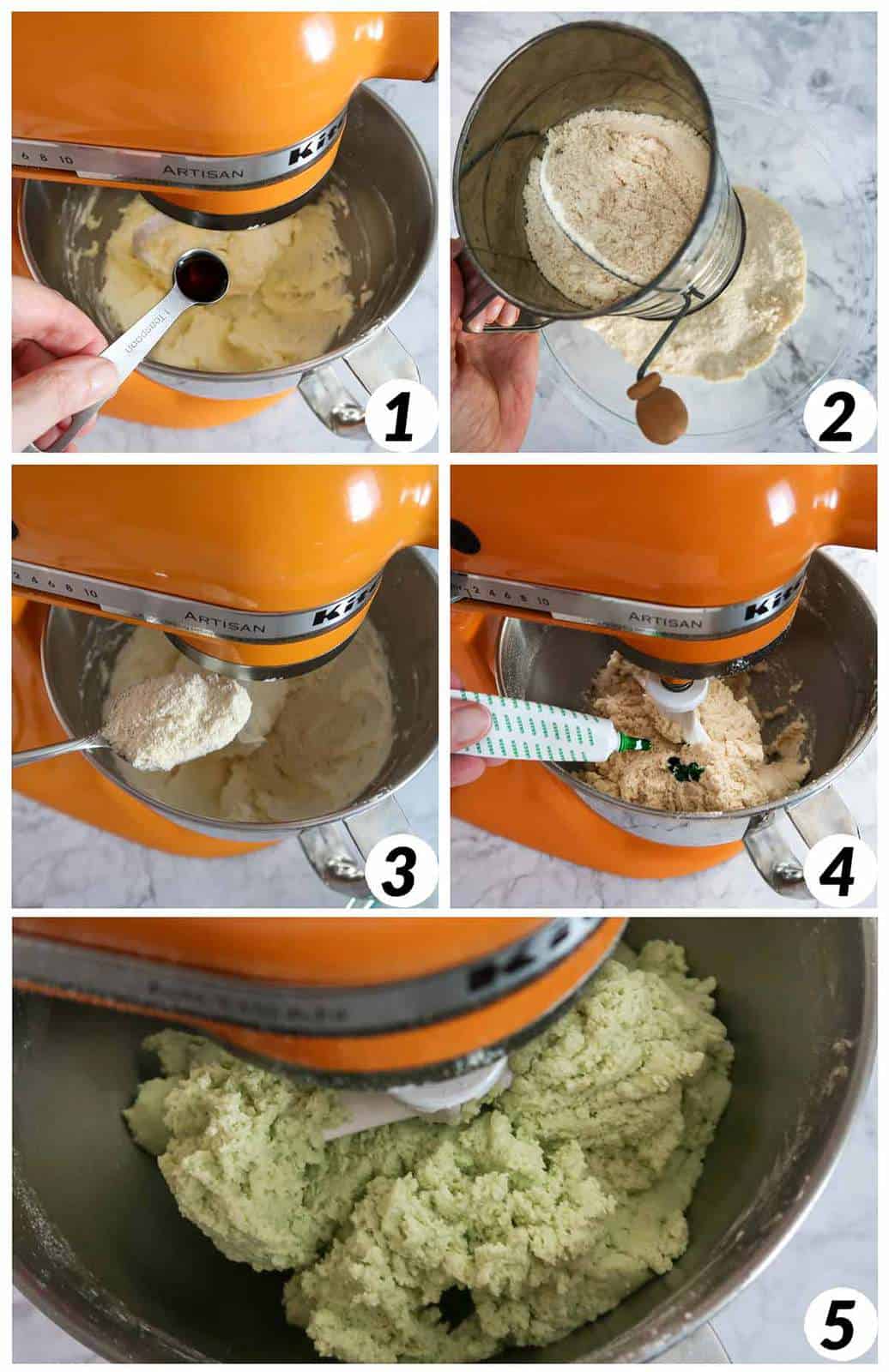 Five panel collage of process shots for cookie dough- combining and mixing ingredients gradually in a mixer.