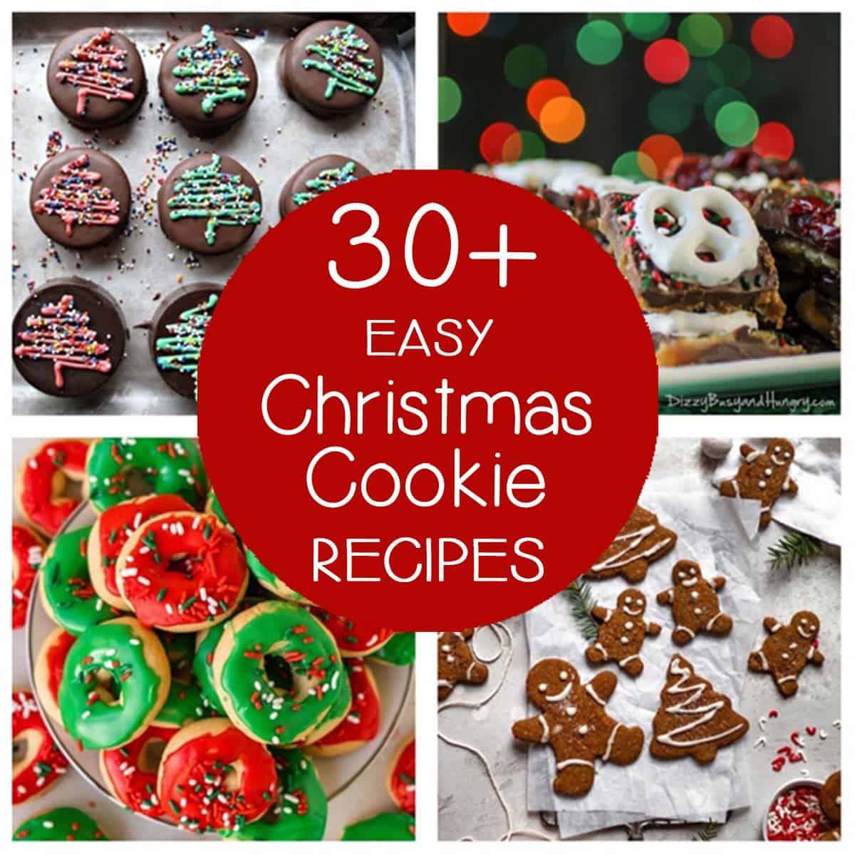 Collage of 4 different Christmas cookies with text overlay saying 30+ Easy Christmas Cookie Recipes.
