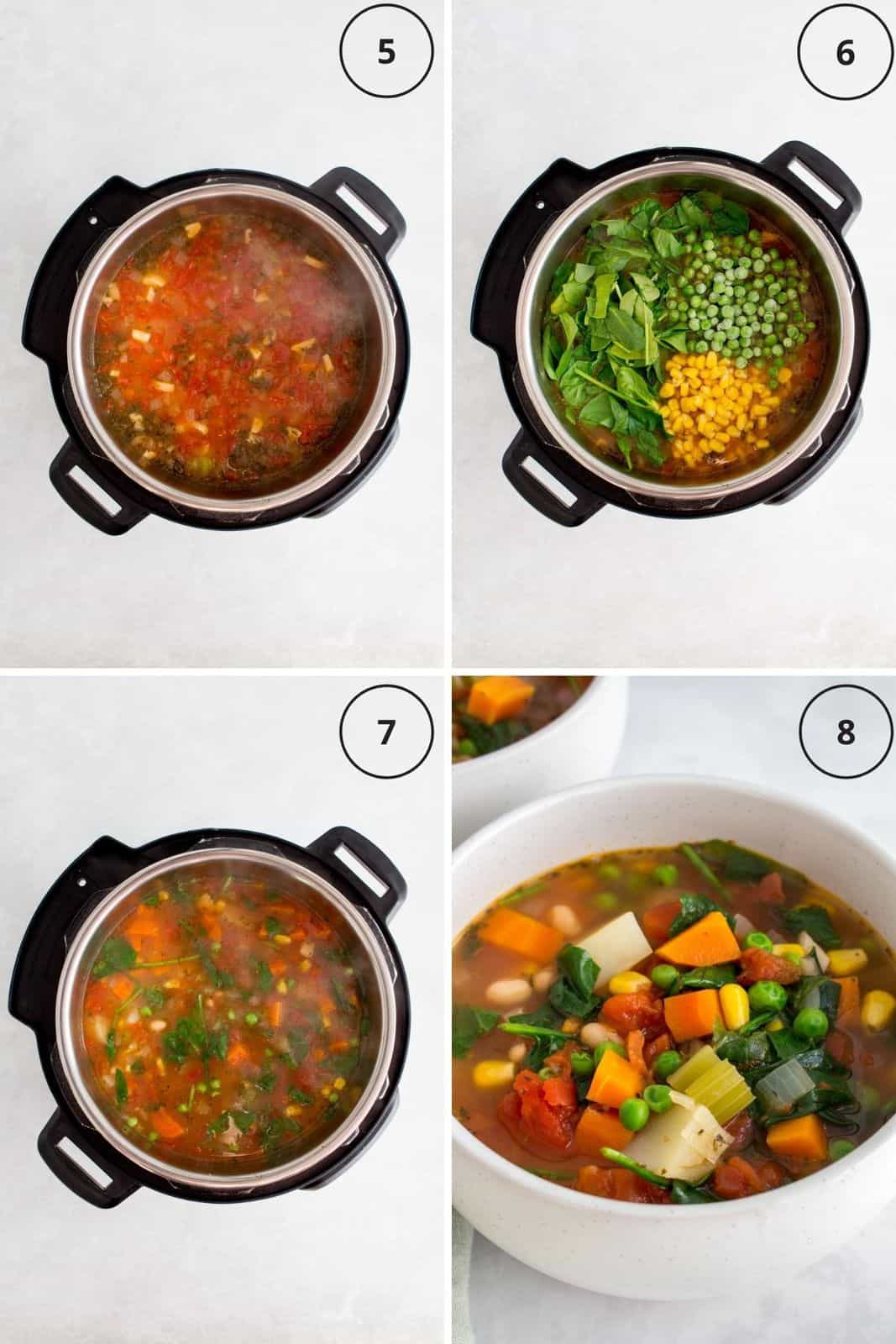 Set of 4 photos showing spinach, peas, and corn added to cooked soup.