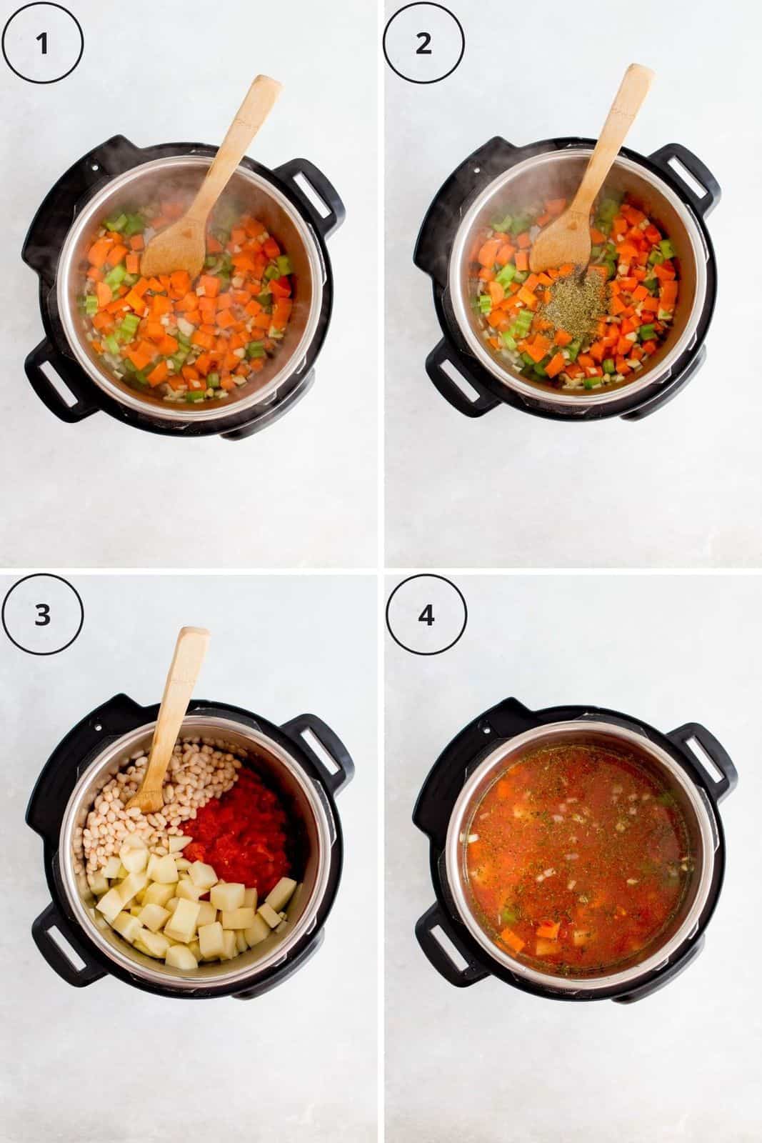 Set of 4 photos showing the ingredients sauted, seasoned, and mixed together.
