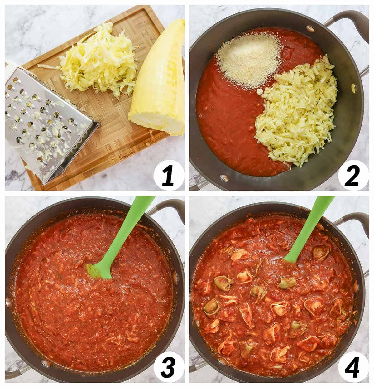 Four panel grid of process shots- preparing the zucchini, combining ingredients in a pot, and cooking.