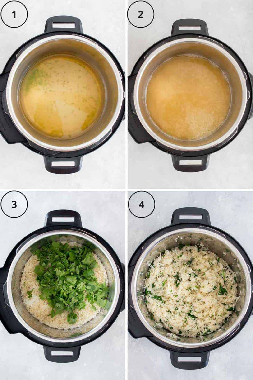 Set of four photos showing how to make cilantro lime rice.