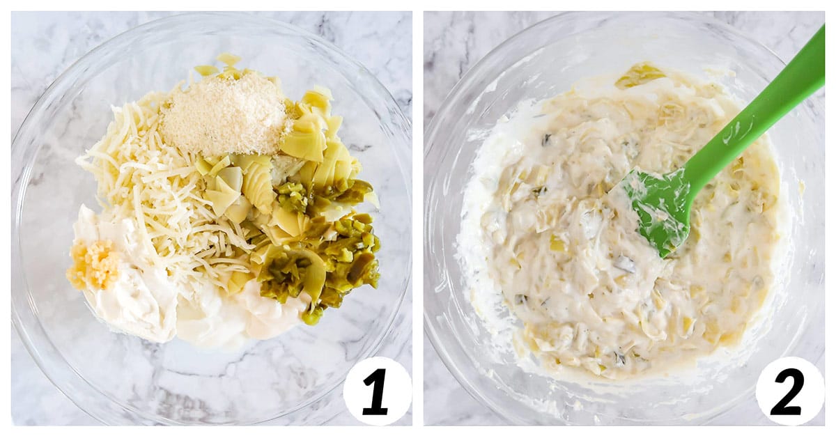 Two panel grid of process shots 1-2 - combining ingredients for artichoke dip and mixing until well combined.