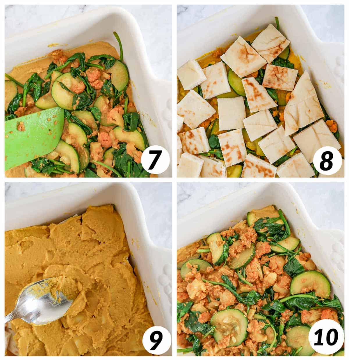 Four panel grid of process shots 7-8 - layering cooked mixture, pita bread, and hummus in a casserole dish and baking.