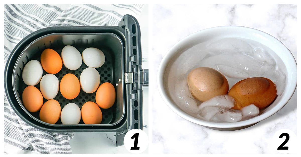 Two panel grid of process shots- putting eggs in the air fryer, cooking, and cooling in ice water.