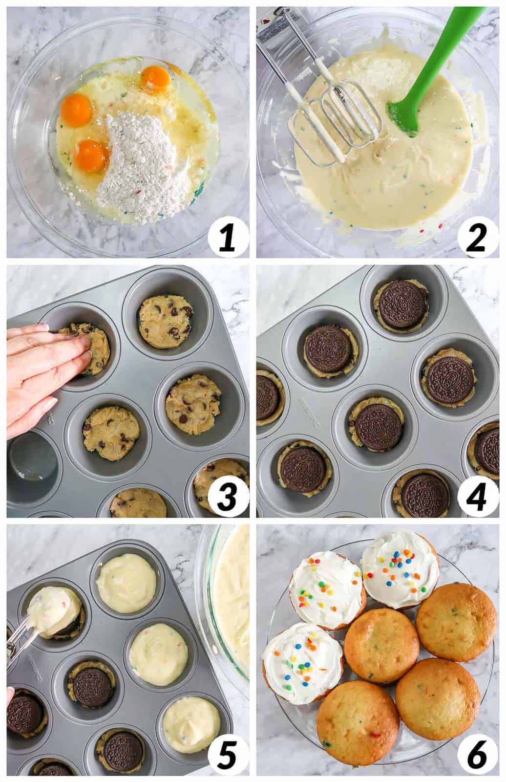 Six panel grid of process shots- mixing ingredients of cupcake mix, layering ingredients in cupcake sheet, baking, and frosting.
