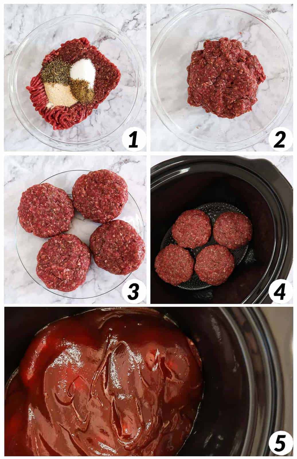 Five panel grid of process shots 1-5 - combining ingredients for burger patty, placing in crock pot, and covering with barbecue sauce.