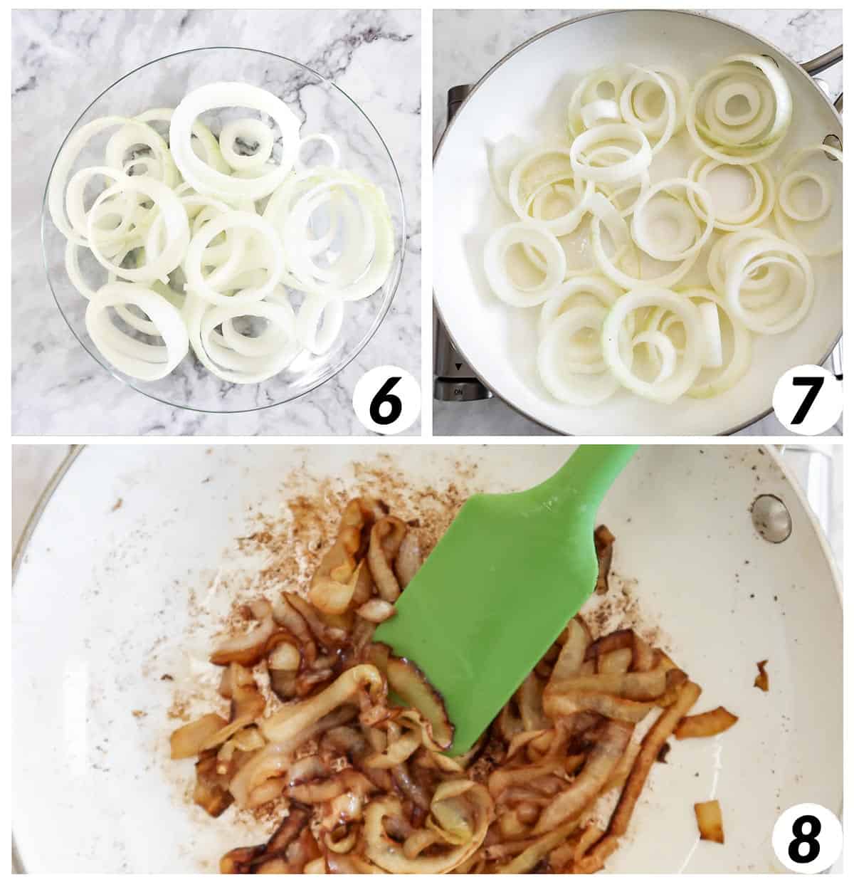 Three panel collage of process steps 6-8 - prepping and caramelizing onions in a skillet.