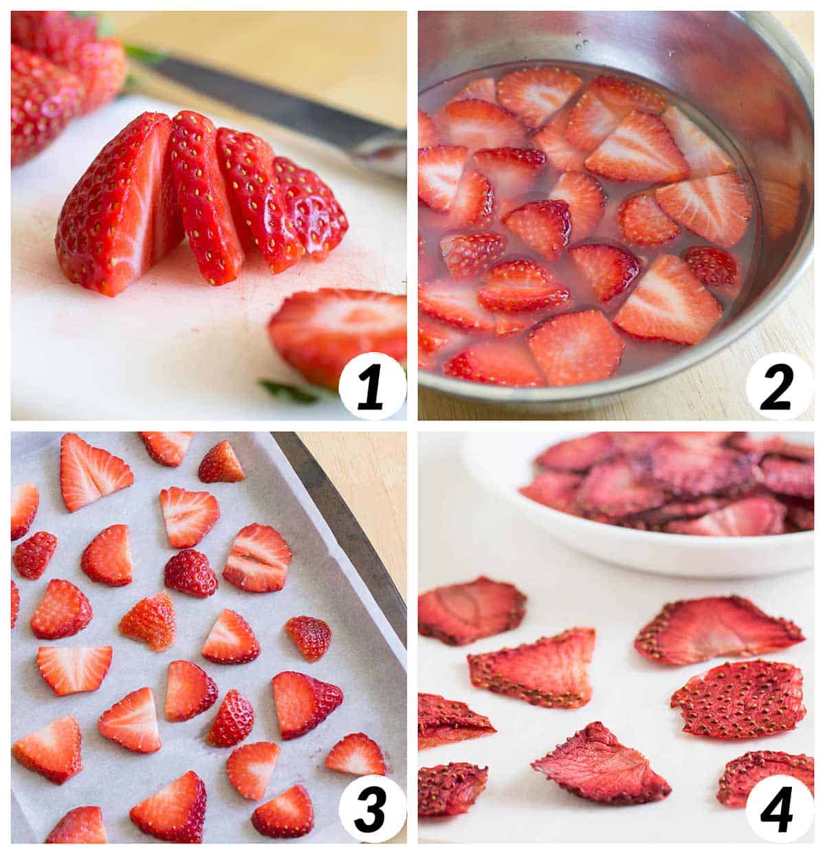 Four panel grid of process shots for dried strawberries - slicing strawberries, soaking in water, arranging on baking sheet, and dehydrating in the oven.