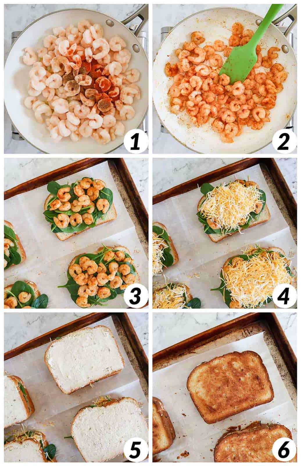 Six panel grid of process shots- cooking shrimp, assembling grilled cheese, and baking.