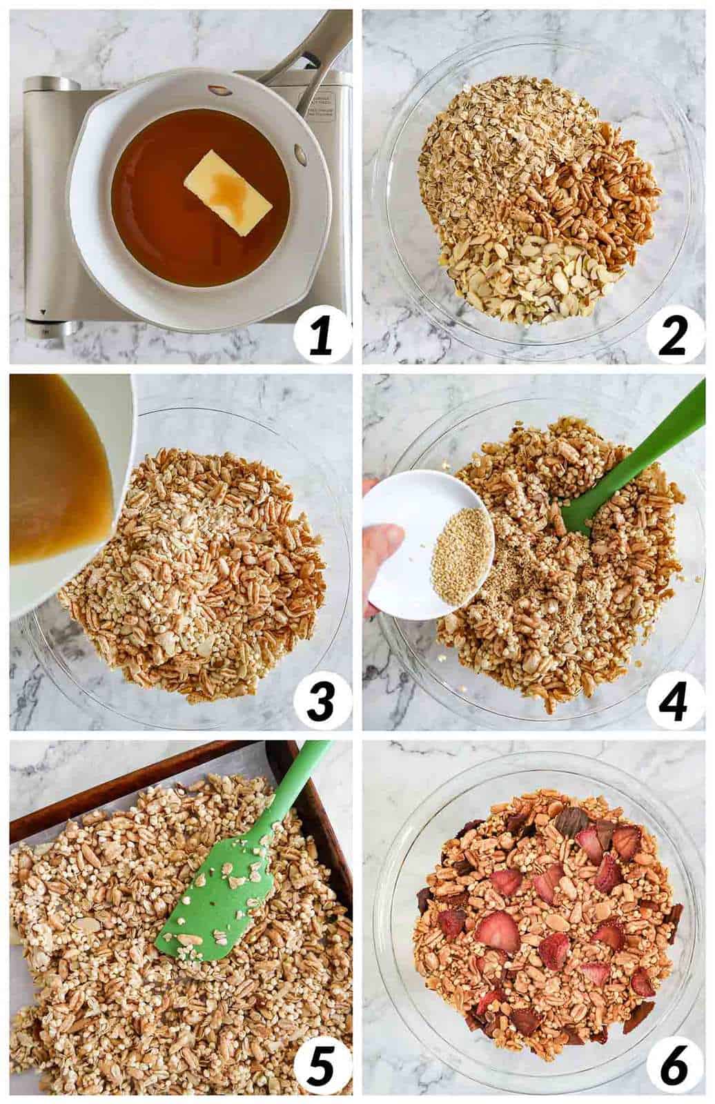 Six panel collage of process shots - melting ingredients over the stove and mixing with puffed cereal and other ingredients. Forming granola on baking sheet to bake and adding extra toppings.