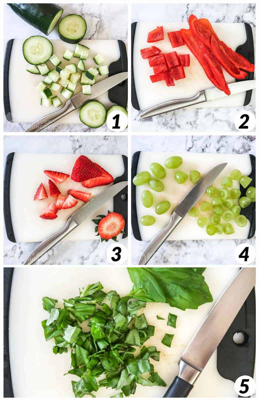 Five photos in a grid showing how to chop each of the ingredients for this salad recipe.
