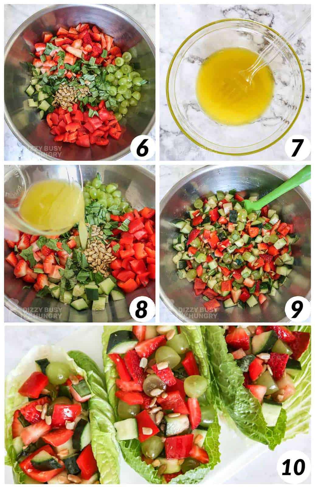Five photos in a grid showing how to make the salad dressing and combine it with the prepared fresh produce.