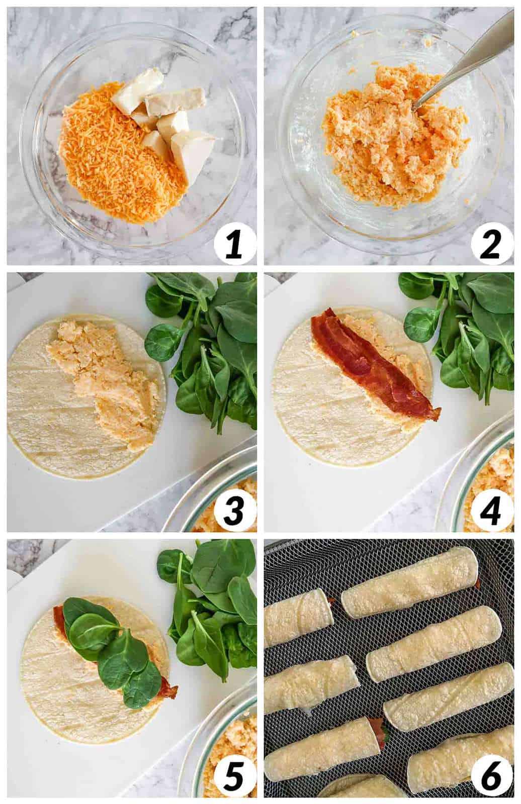 Six panel grid of process shots- mixing ingredients for cheese layer, layering ingredients in taquito, and baking.