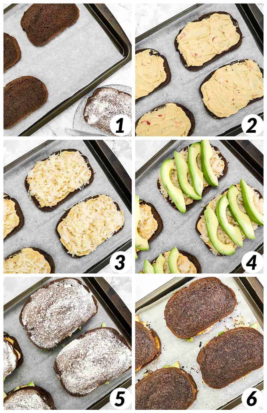 Six panel grid of process shots - assembling sandwiches on a baking sheet lined with parchment paper and baking in the oven.