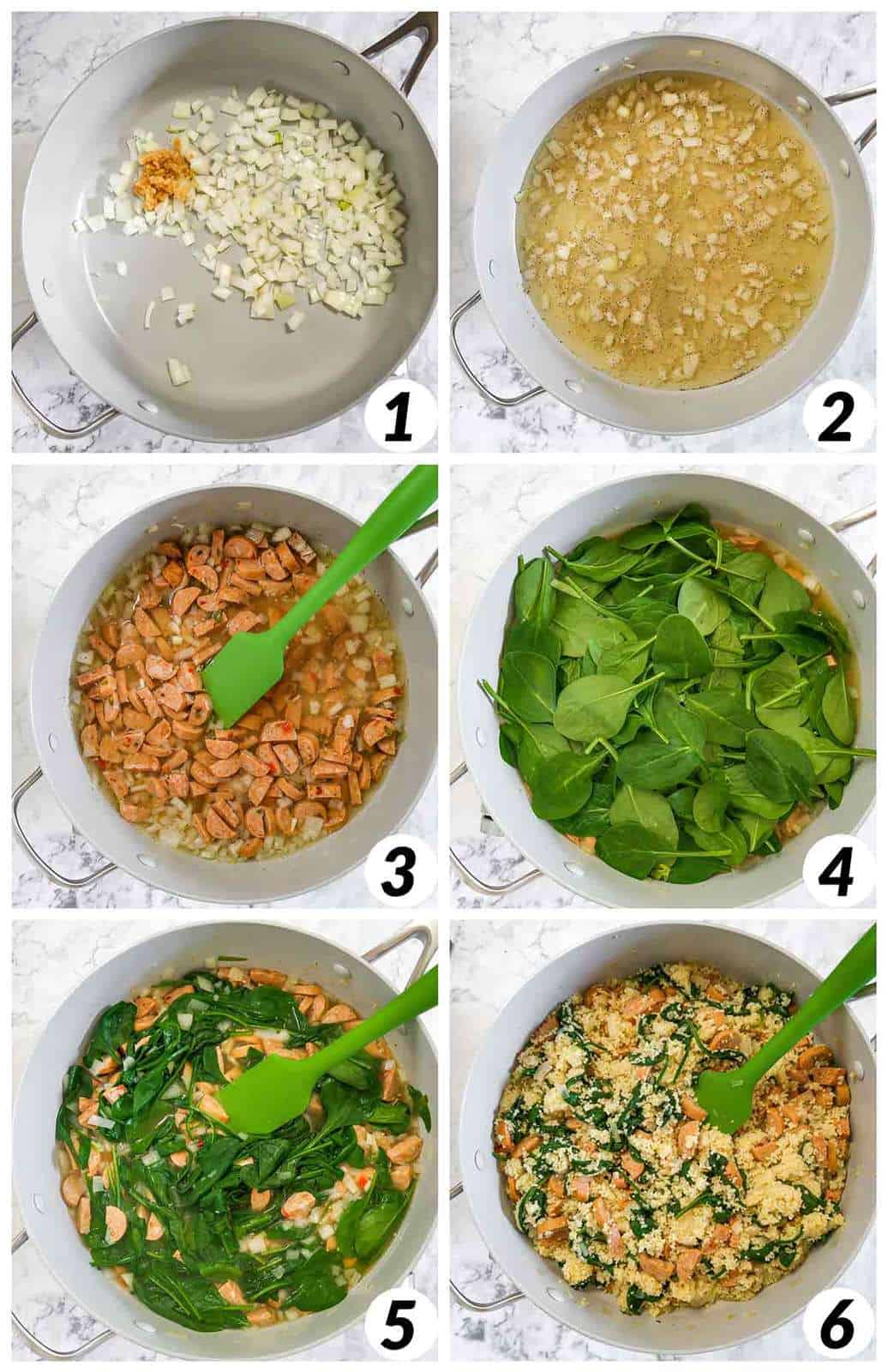 Six panel grid of process shots - gradually combining ingredients in a pan over heat and mixing.