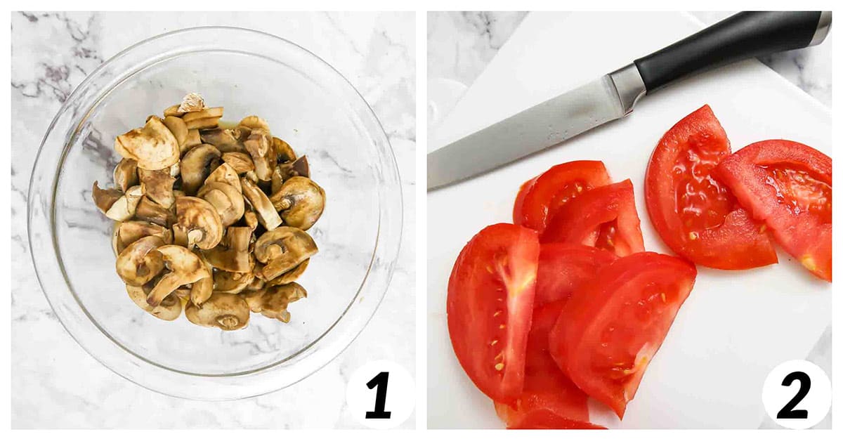 Two panel grid of process shots 1-2 - preparing tomatoes and mushrooms on a cutting board.