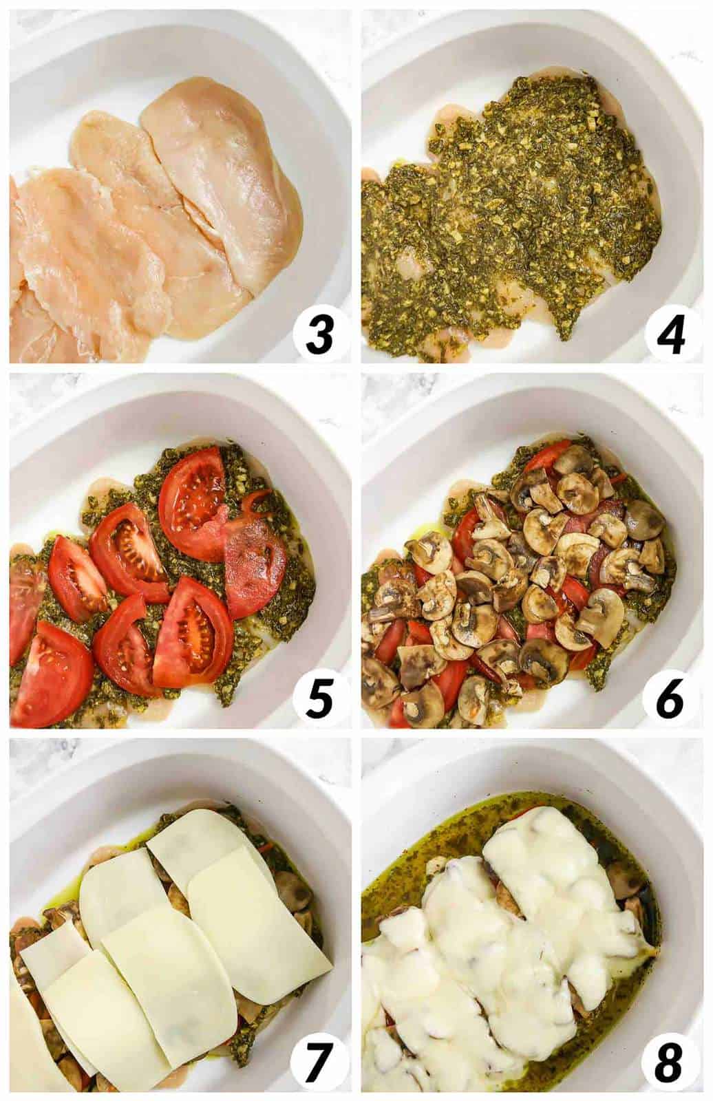 Six panel grid of process shots 3-8 - layering ingredients in a baking dish and placing in the oven to bake.